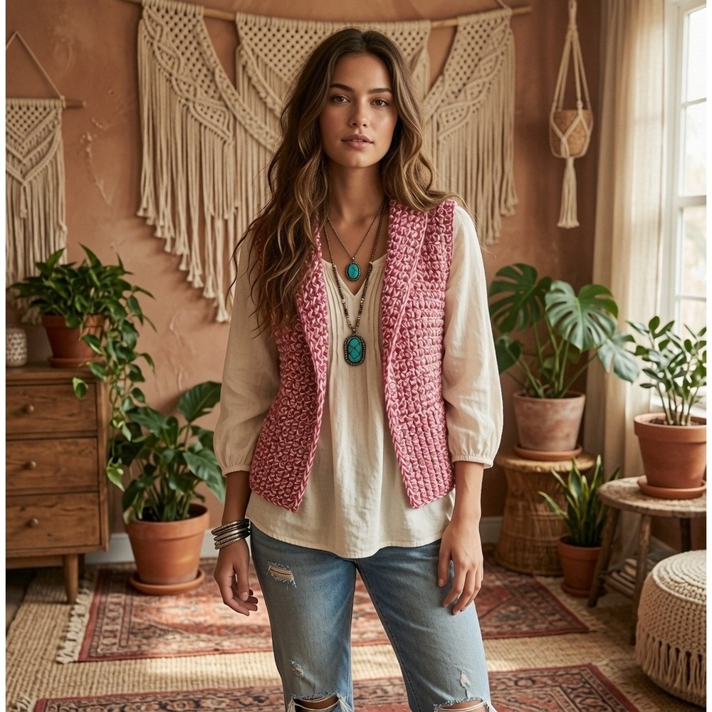 Handmade Pink White Crochet Shrug Vest Open Front Boho Chunky Knit Cocoon Vest